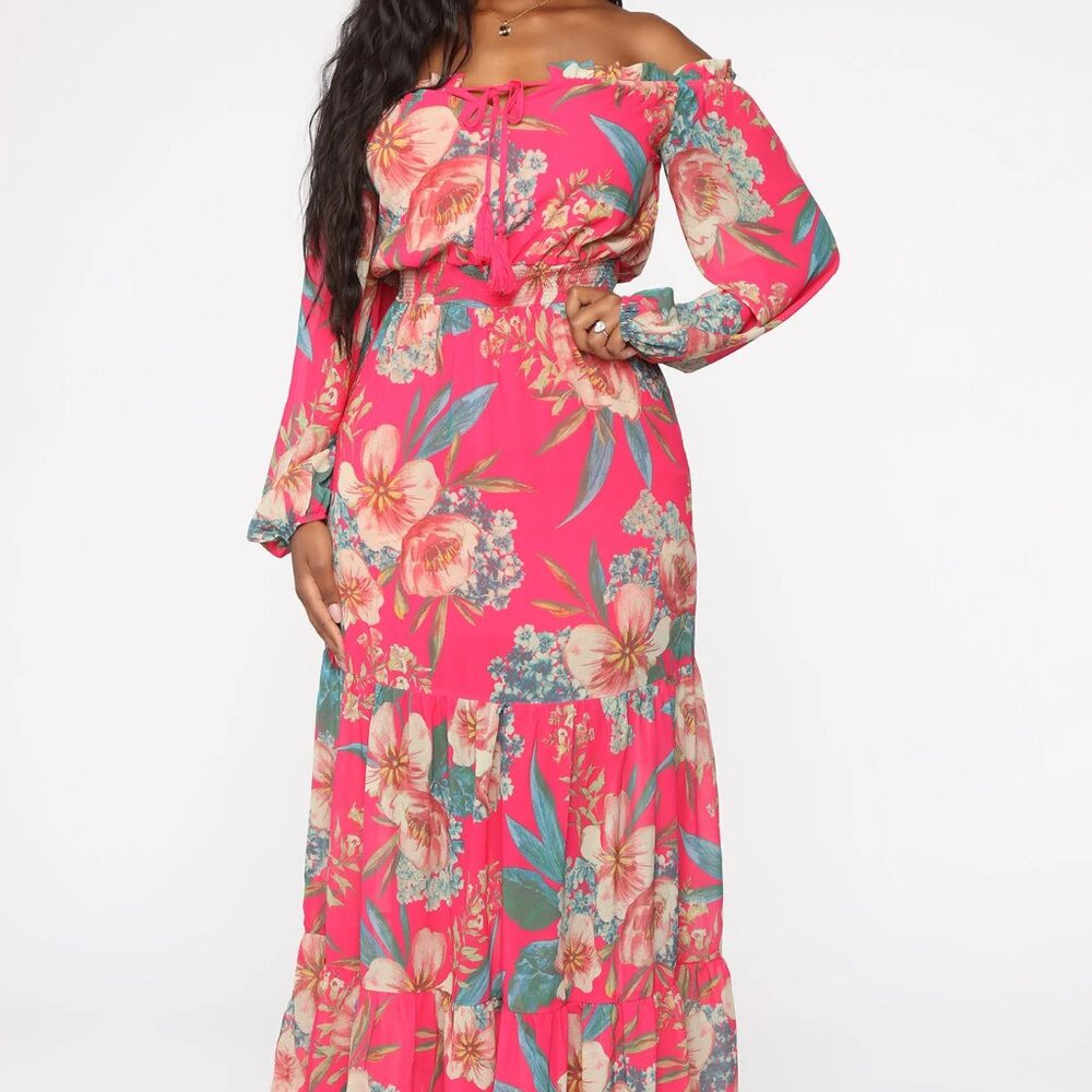 JEALOUS TOMATO FUCHSIA LONG SLEEVE OFF SHOULDER FLORAL PRINT SIZE L MAXI DRESS